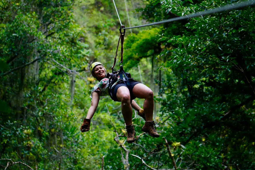 Zip-line view associated with the Inca Jungle Trek; the page's image is a representative activity image, not verified as a photo from a particular departure.