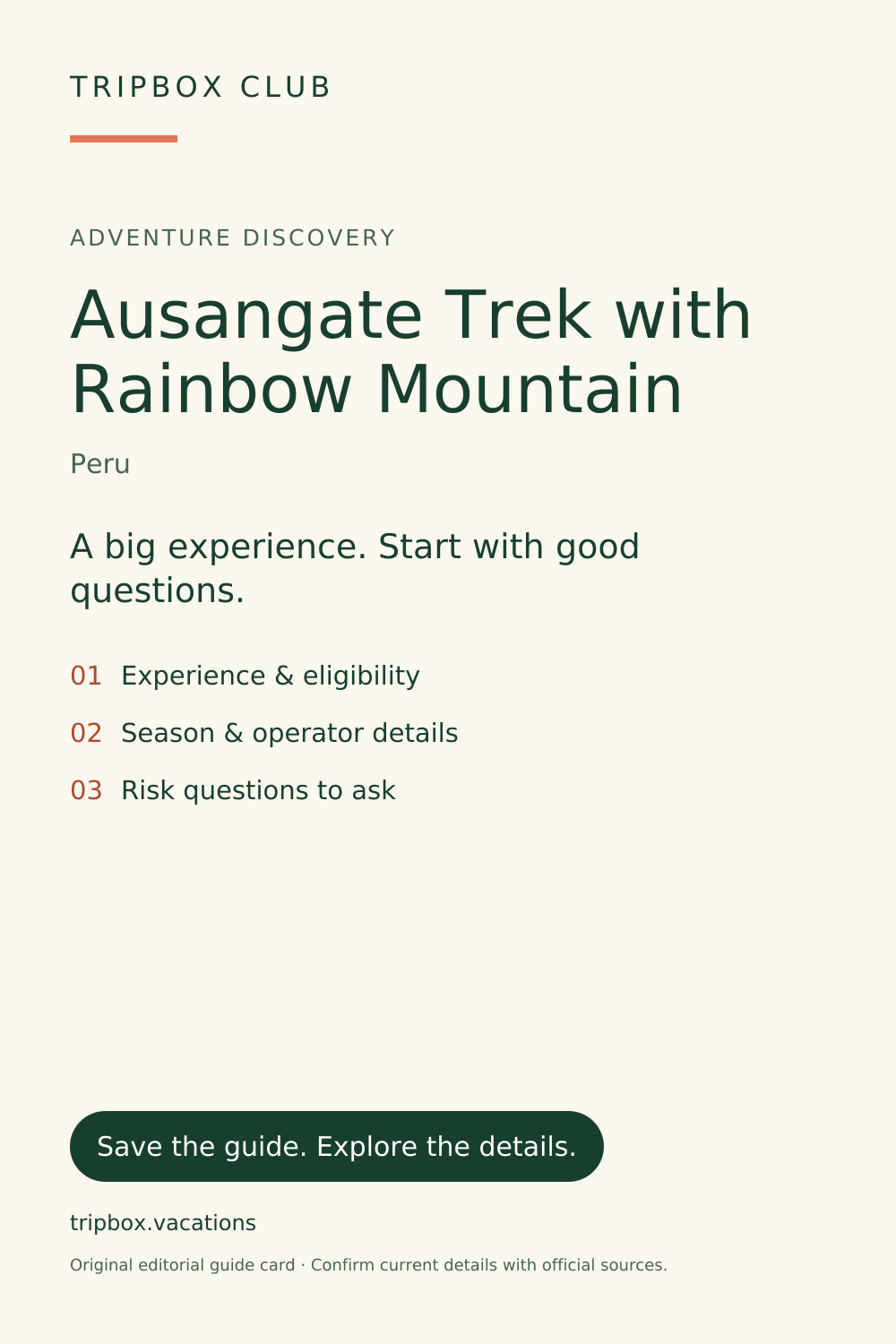 原始 TripBox 指南卡片 — Ausangate 徒步与彩虹山