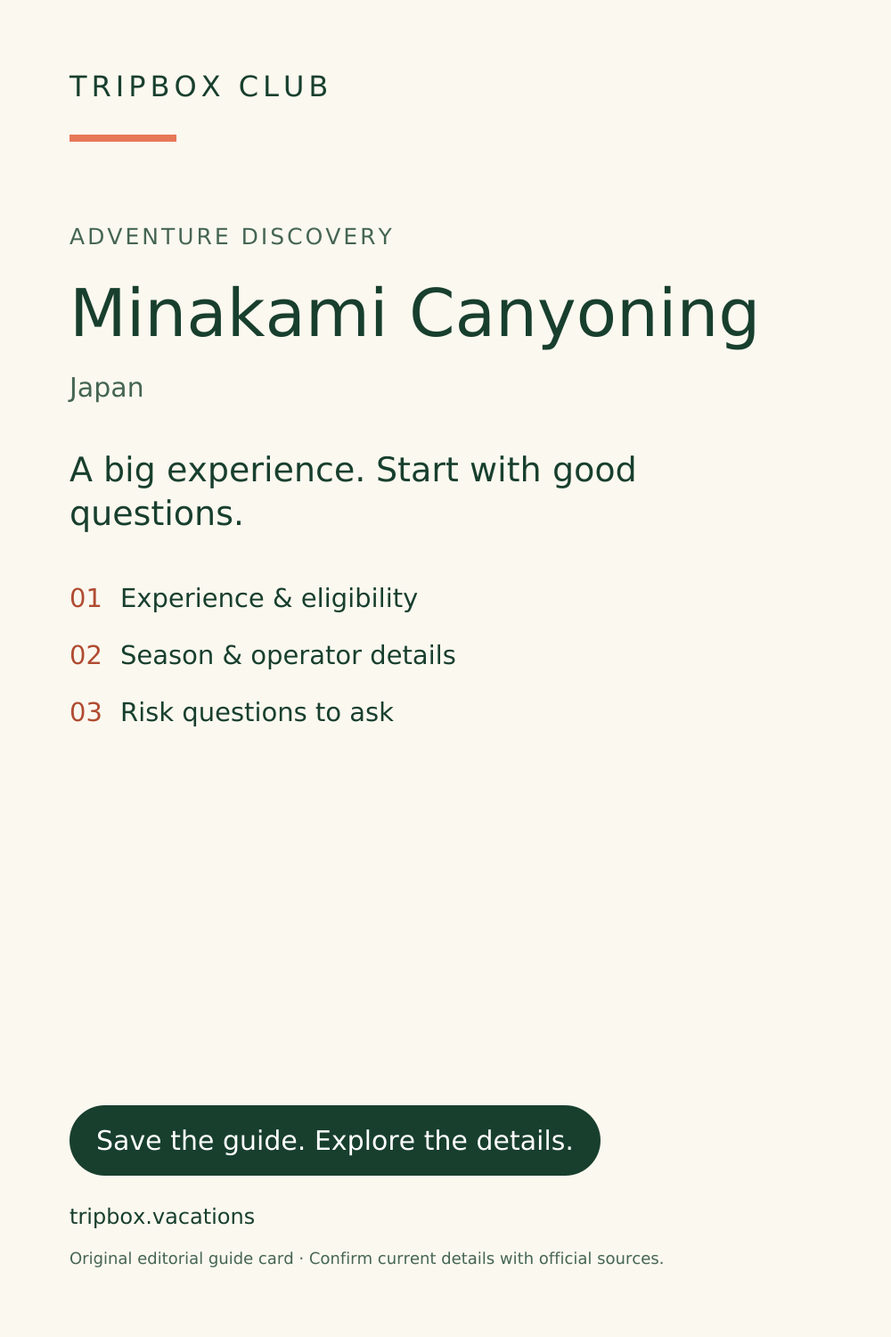 Tarjeta original de la guía de TripBox — Minakami Canyoning