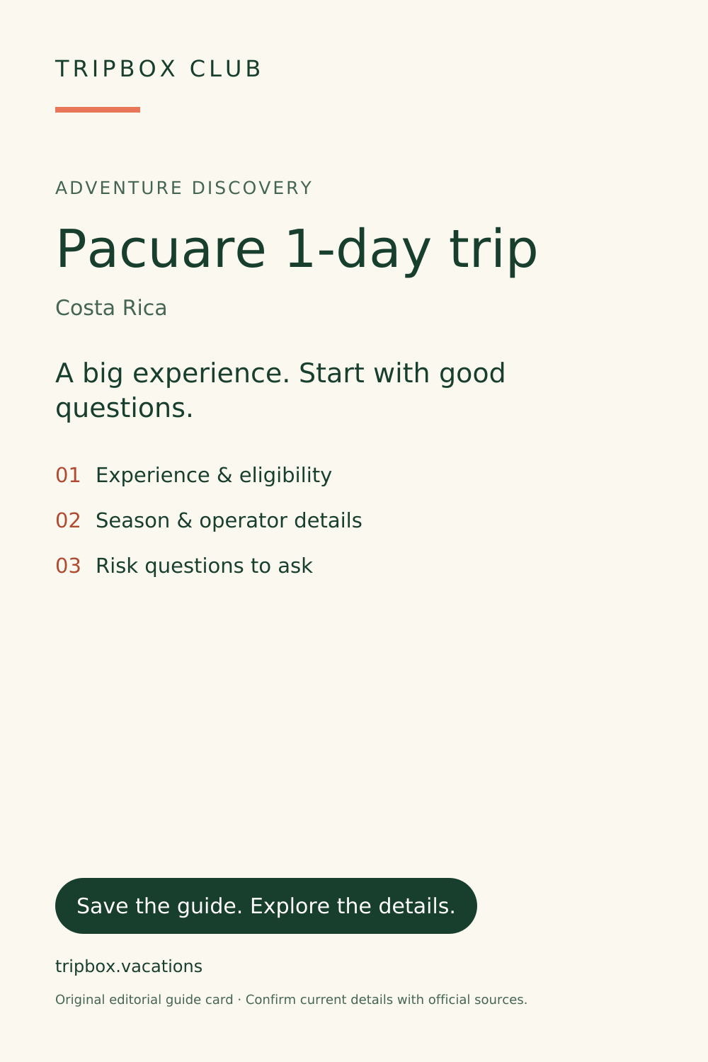 Original TripBox गाइड कार्ड — Pacuare 1-दिन ट्रिप