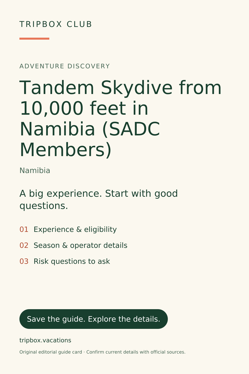Original TripBox गाइड कार्ड — Namibia में 10,000 फीट से Tandem Skydive (SADC सदस्य देश)