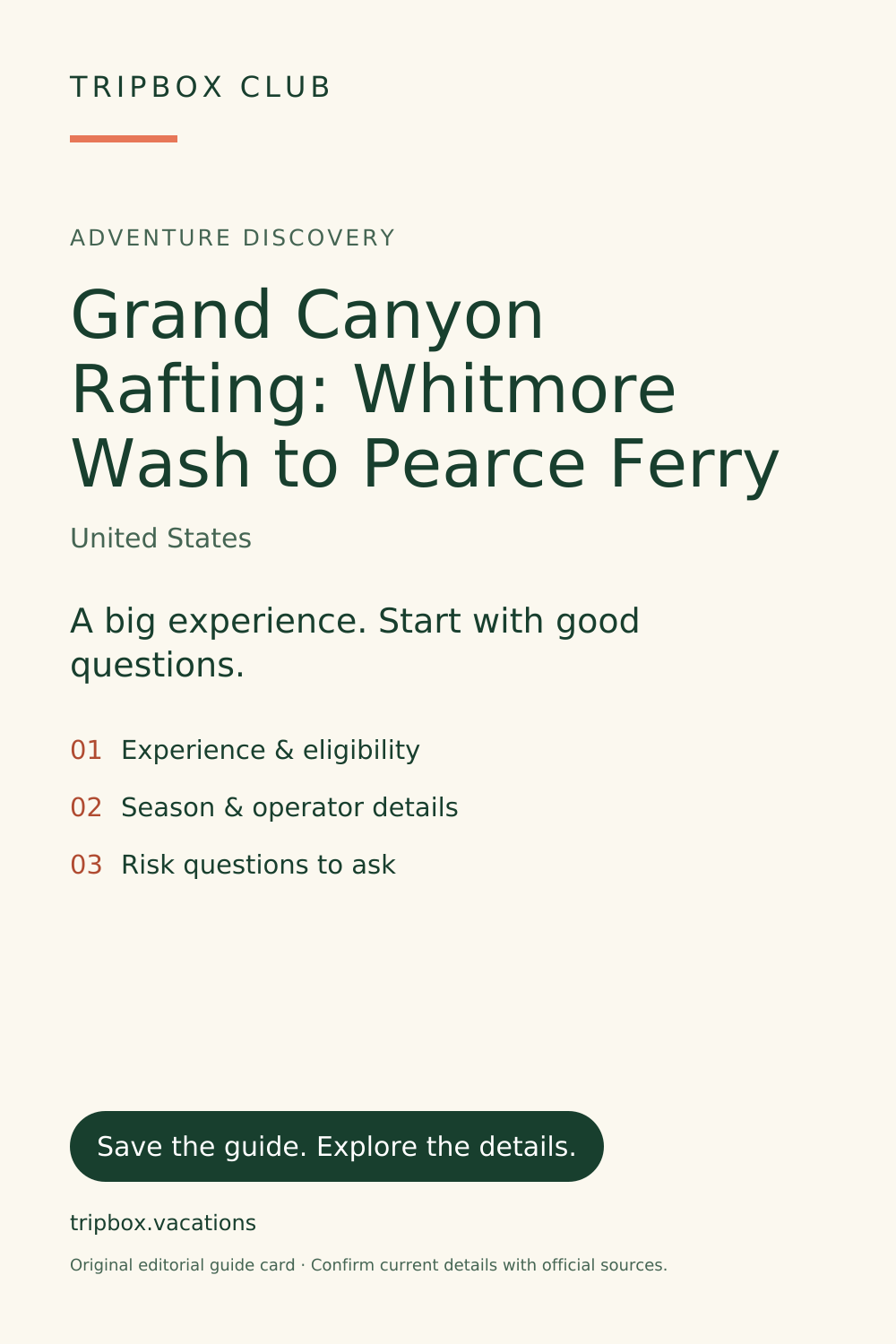 Original TripBox guide card — Grand Canyon Rafting: Whitmore Wash to Pearce Ferry