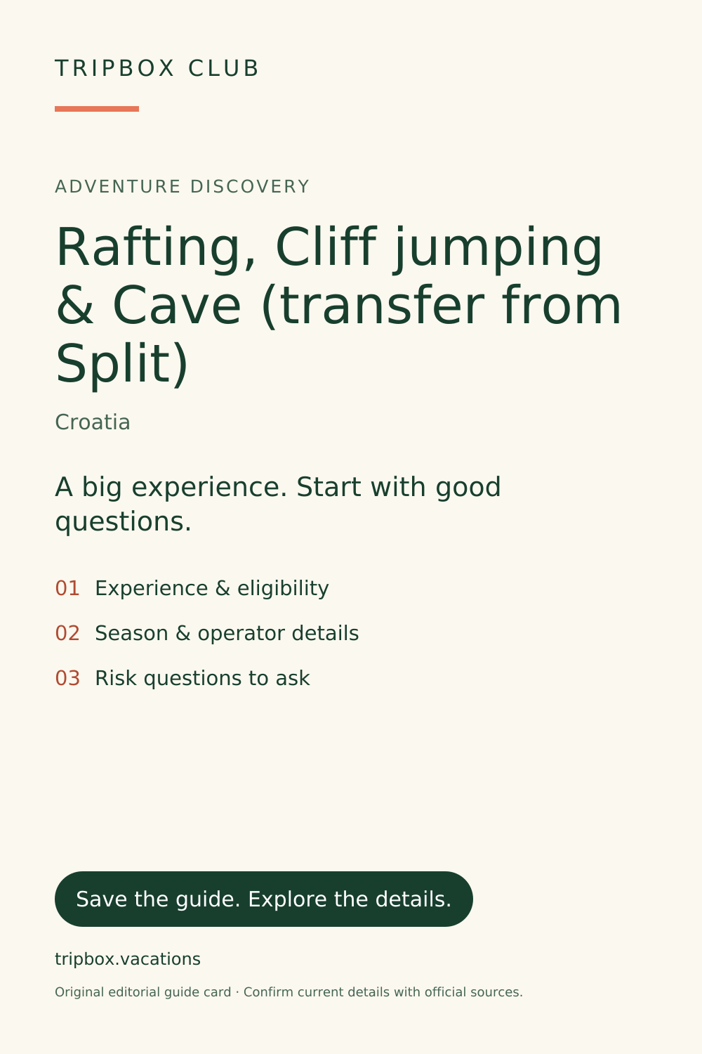 Original TripBox guide card — Rafting, Cliff jumping & Cave (transfer from Split)