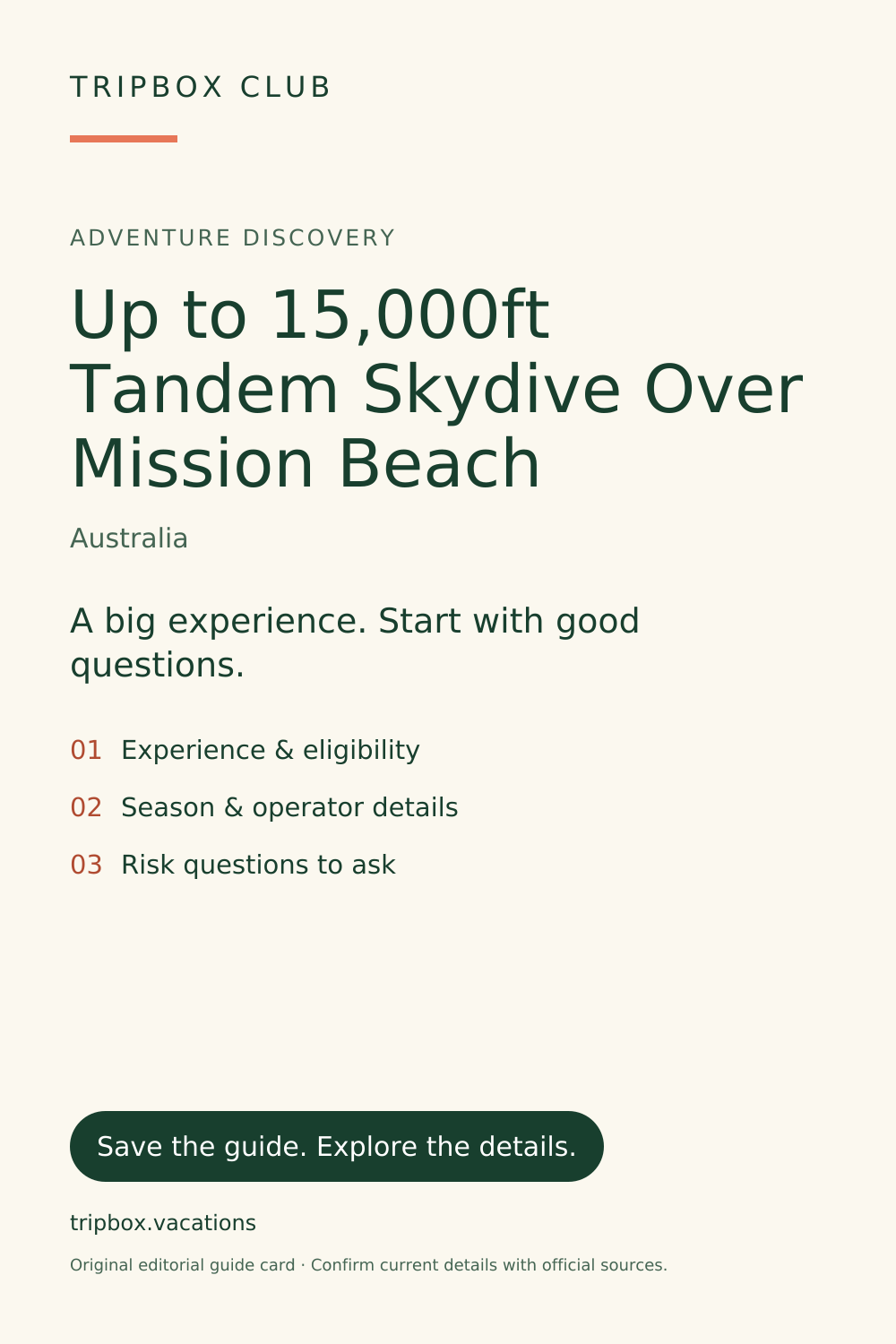 Original TripBox guide card — Up to 15,000ft Tandem Skydive Over Mission Beach