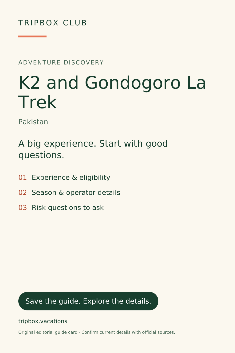Original TripBox गाइड कार्ड — K2 और Gondogoro La ट्रेक