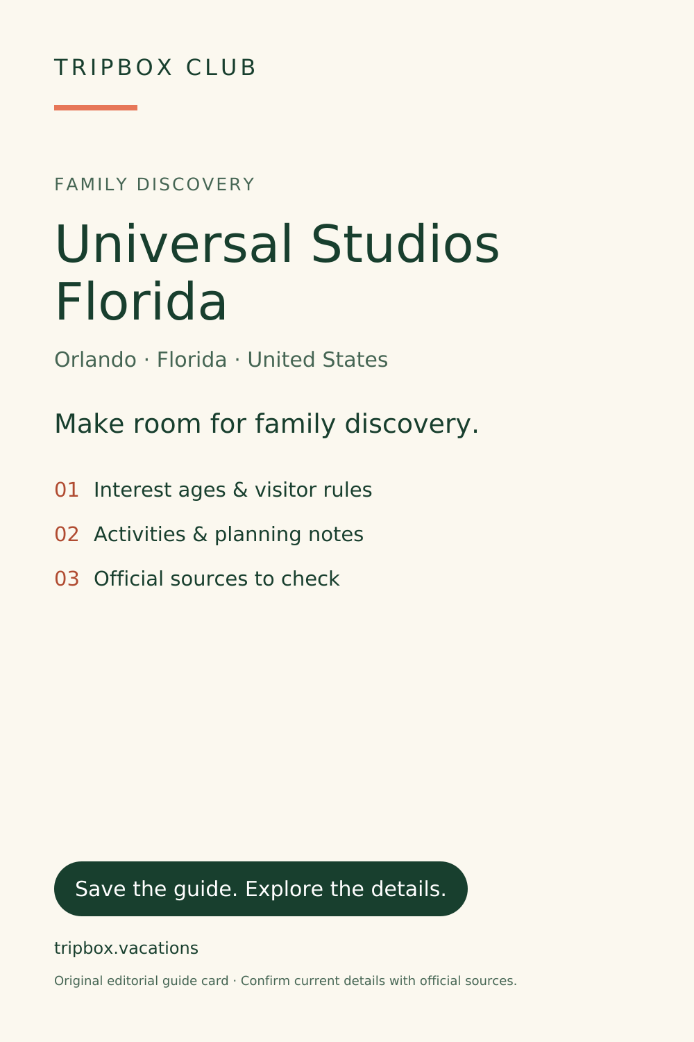 原始 TripBox 指南卡片 — 环球影城佛罗里达（Universal Studios Florida）
