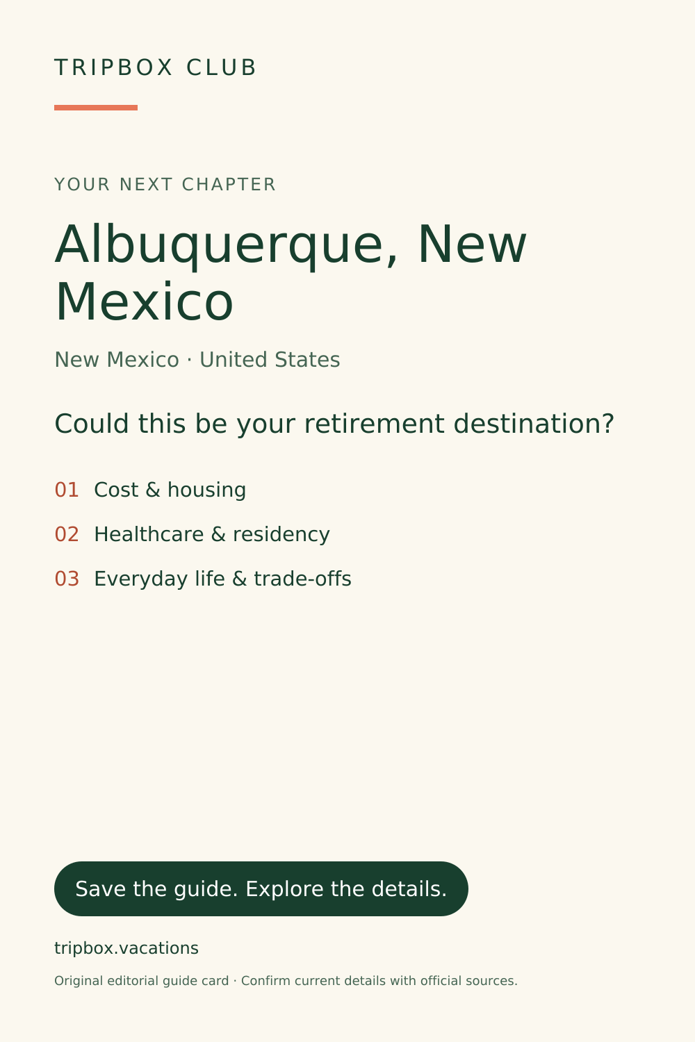 Tarjeta original de la guía de TripBox — Albuquerque, Nuevo México